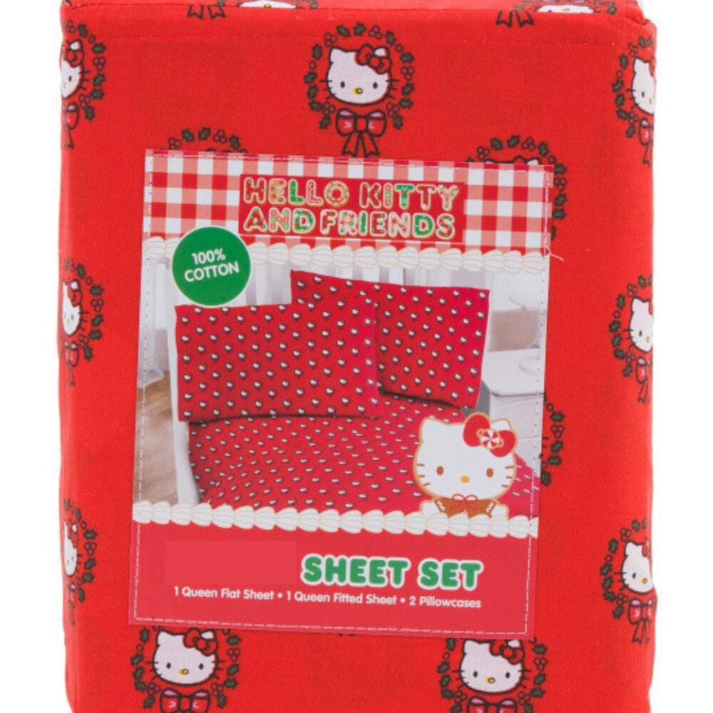 HELLO KITTY Red Hello Christmas FULL Size Cotton Sheet Set ALL COTTON